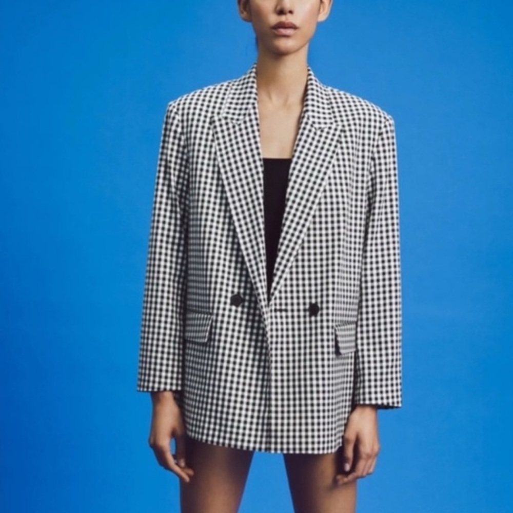 Pre Loved Zara Double Breasted Blazer Plaid Black and White XS